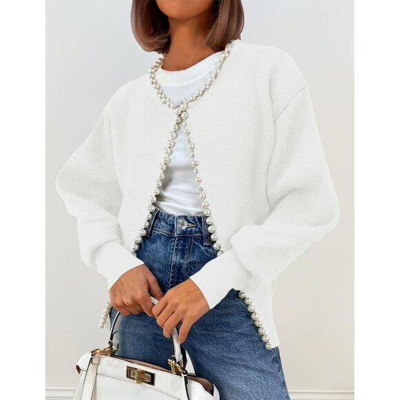 Women's Knit Cardigan Sweater Open Front Pearl Trim Long Sleeve Casual - Picture 8 of 8